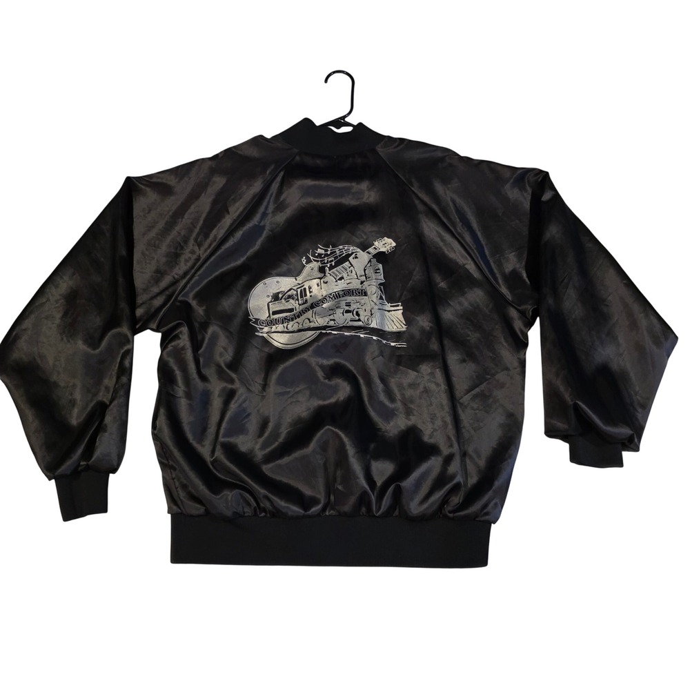 Vintage 80s Country Comfort Satin Bomber Jacket Mens XL Black Auburn USA Bobby